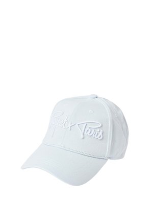Gorra de béisbol blanca con visera curva y texto bordado "Puretex Paris" en el panel frontal, mostrada sobre un fondo blanco.