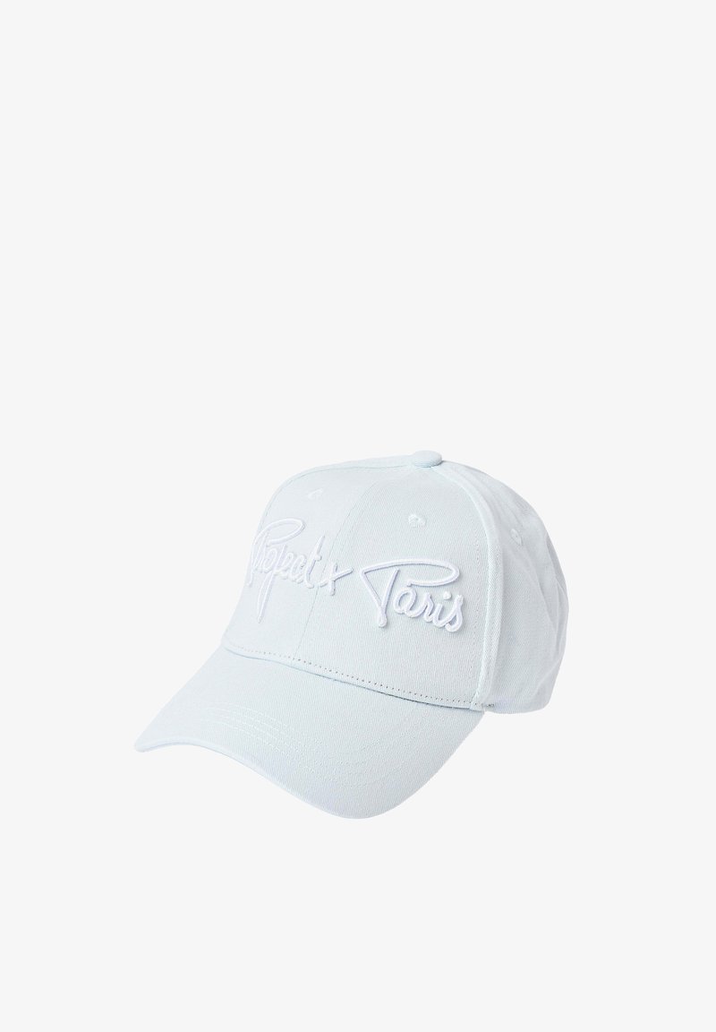 Casquette de baseball blanche avec une visière courbée et un texte brodé "Puretex Paris" sur le panneau avant, présentée sur fond blanc.