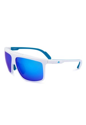 Occhiali da sole sportivi bianchi con lenti specchiate blu e aste interne blu, logo Adidas sulla stanghetta.