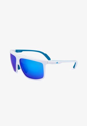 Occhiali da sole sportivi bianchi con lenti specchiate blu e aste interne blu, logo Adidas sulla stanghetta.