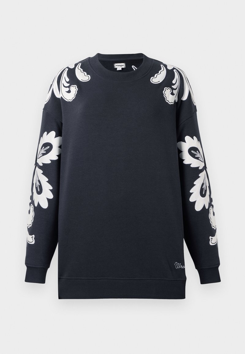 Marine sweatshirt met witte bloemmotieven op de mouwen, ronde halslijn en geribbelde manchetten, gemaakt van een zachte katoenmix.