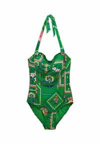 Zelené jednocdielne plavky s ružovými a modrými kvetinovými vzormi z nášiviek a viazaním za krkom.