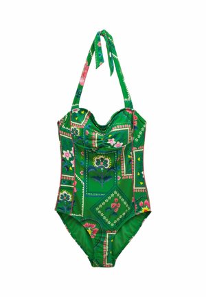 Vihreä yhden palan uimapuku, jossa on vaaleanpunaisia ja sinisiä kukkakuviollisia päällysteitä sekä solmittava kaulushihna.