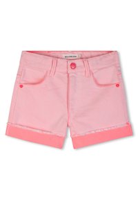 Rózsaszín farmer rövidnadrág felhajtott szegélyekkel, egyszínű kivitelben, elülső zsebekkel és díszítő szív alakú részlettel a zsebek közelében.