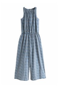 Blå och vit mönstrad jumpsuit med ärmlös design, elastiskt midjeband och vida byxor. Lättviktsmaterial och avslappnad stil.