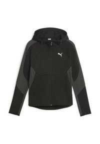 Czarna bluza z kapturem na zamek błyskawiczny, z teksturowanym wykończeniem, z siateczkowymi akcentami na ramionach i rękawach oraz białym logo na piersi.