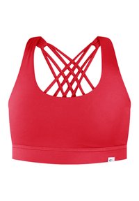 Sujetador deportivo rojo con diseño de espalda nadadora y tirantes entrecruzados. Fabricado con tejido suave, con una banda en la parte inferior y sin hardware visible.