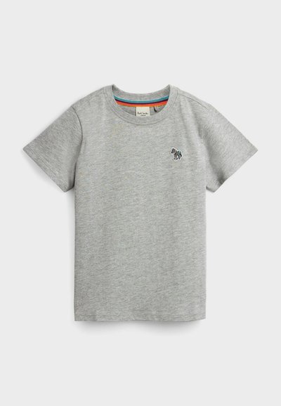 T-shirt in cotone grigia con maniche corte, scollatura rotonda, caratterizzata da un piccolo ricamo di una zebra multicolore sul lato sinistro del petto.
