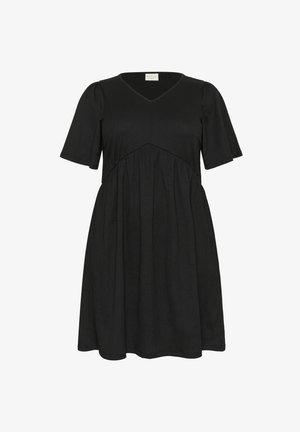Black dress made of a soft fabric with a V-neck and short puff sleeves, featuring a gathered waist and an A-line silhouette.
