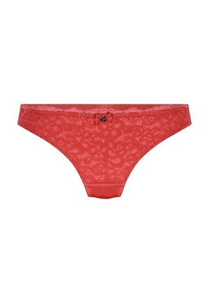Rote Spitzenunterwäsche im Bikini-Stil mit floralem Muster und einer kleinen Satin-Schleife mit Charm an der vorderen Mitte des Taillenbunds.
