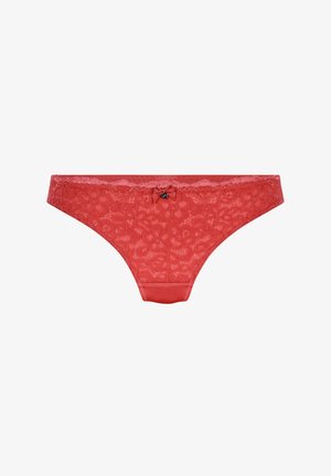 Rote Spitzenunterwäsche im Bikini-Stil mit floralem Muster und einer kleinen Satin-Schleife mit Charm an der vorderen Mitte des Taillenbunds.