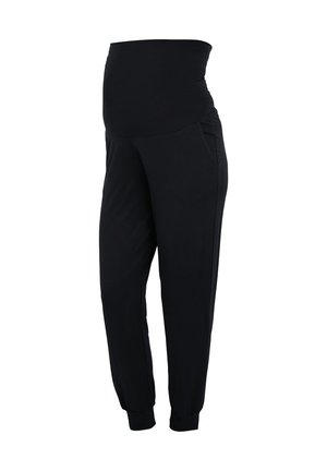 Pantalon de jogging de maternité noir avec ceinture élastique et chevilles resserrées, conçu pour le confort et le soutien pendant la grossesse.