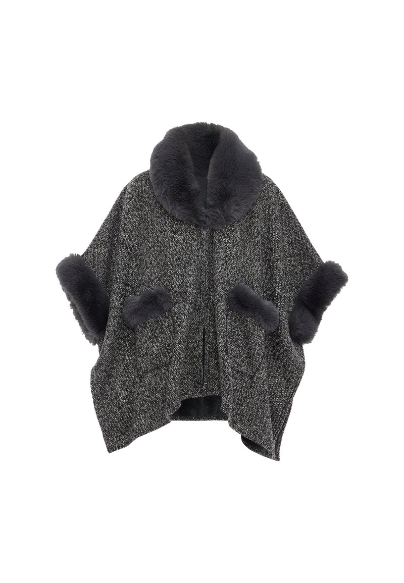 Grijze textuur poncho met een brede kraag en bontafwerking op de mouwen en zakken; heeft een losse, oversized snit.