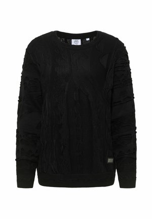 Sort strikket sweater med strukturerede mønstre, rund hals og ribbede ærmekanter. Indeholder en lille label på den nederste side.