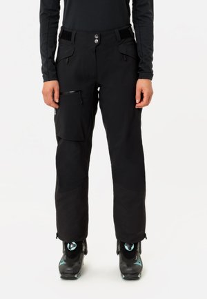 Zwarte skibroek met een waterafstotende afwerking, voorzien van zijzakken, een ritssluiting op de cargozak en versterkte manchetten. Soepele textuur.
