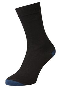 Schwarze Baumwollsocke mit einem einfarbigen Design und blauen Akzenten an der Spitze. Der Bund ist gerippt und sorgt für einen bequemen Sitz.