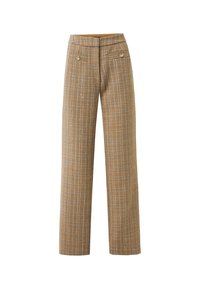 Pantalons taille haute, coupe droite en tweed marron avec un motif à carreaux subtil et deux poches avant boutonnées.