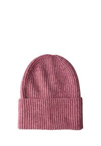 Gebreide beanie in een zachte, gedempte roze tint. Beschikt over een geribbelde textuur en een omgeslagen manchetten. Gemaakt van wol of een vergelijkbaar materiaal voor warmte.