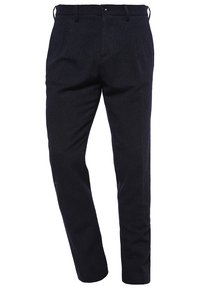 Pantalon pour homme bleu marine foncé, coupe ajustée, avec passants pour ceinture, poches latérales et fermeture avant par bouton.
