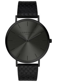 Ronde zwarte horloge met een gestructureerde zwarte leren band. De wijzerplaat heeft een gradient donkergrijze kleur met minimalistische uurmarkeringen en wijzers.