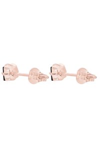 Orecchini a bottone in oro rosa con un design testurizzato e un piccolo accento nero, fissati con una chiusura a pressione. Forma rotonda, finitura lucida.