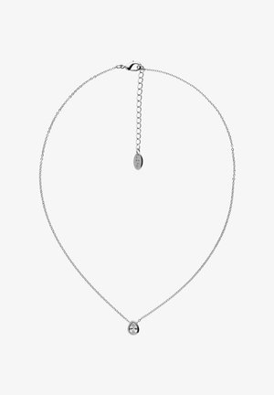 Collier délicat en chaîne d'argent avec un pendentif en forme de goutte orné d'une pierre précieuse claire et un fermoir réglable.