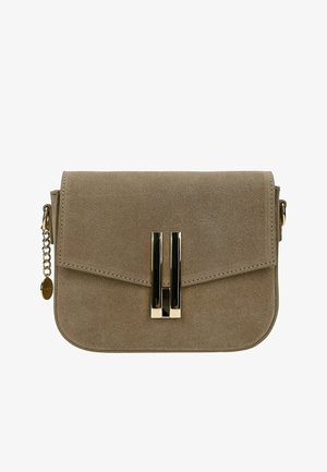 Taupe suede crossbody bag with a front flap, gold-tone vertical bar clasp, and a chain detail on the side.