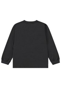 Tricou negru cu mâneci lungi, din bumbac, cu guler rotund și manșete ribbed, având o textură netedă, mată, fără grafica vizibilă.