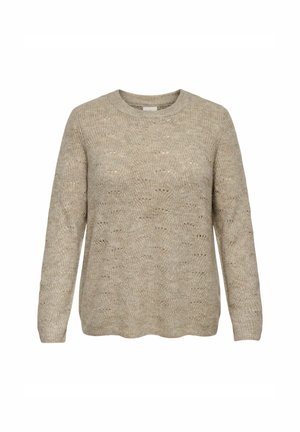 Knit sweater, light beige color, round neck, long sleeves with textured pattern and subtle wave design on fabric.