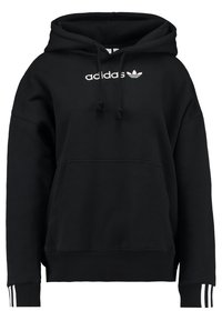 Musta huppari etutaskulla, valkoinen "adidas"-logo ja kolme valkoista raitaa jokaisessa hihassa. Valmistettu pehmeästä kankaasta.