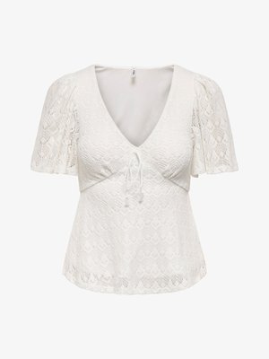 Valkoinen pitsinen, lyhythihainen pusero syvällä V-pääntiellä, pöyhkeillä hihoilla ja pienellä solmimisnauhalla rinnan alla.