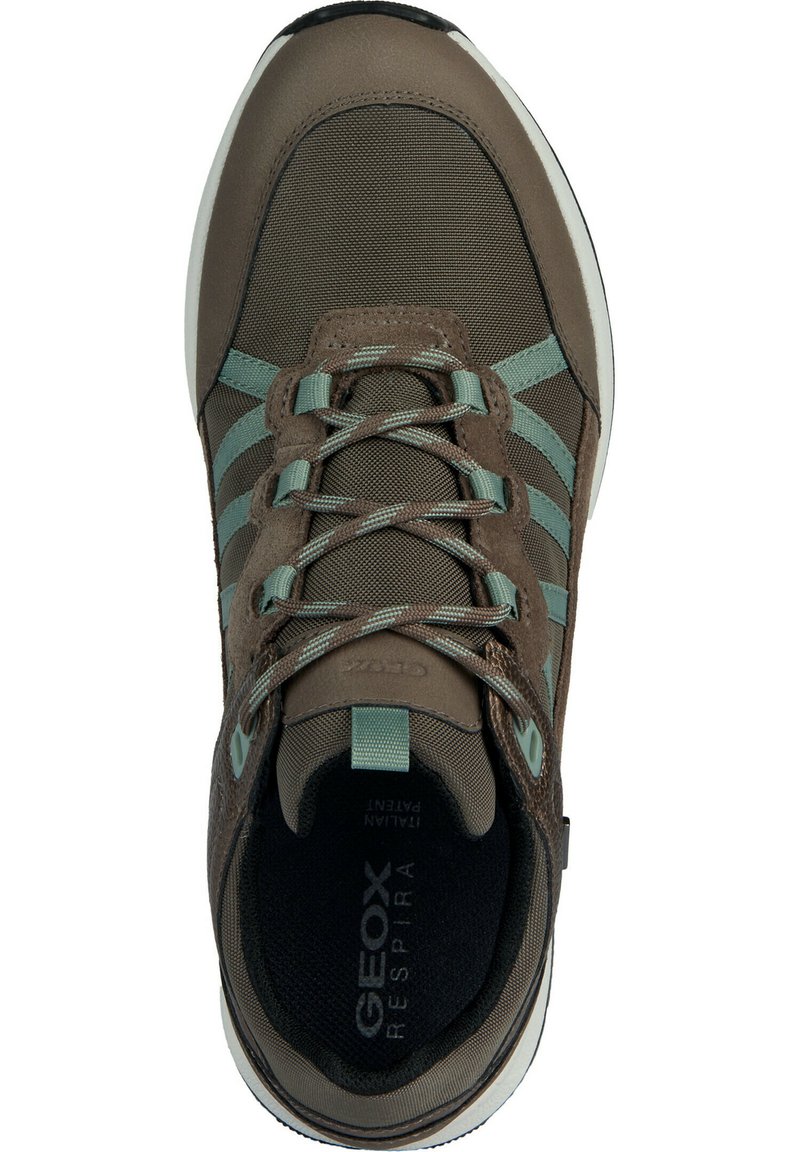 Bruine synthetische sneaker met meshpanelen, aqua accenten en ronde veters. Rubberen zool en gevoerde binnenkant voor comfort.