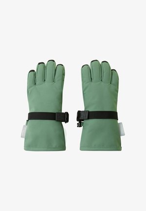 Zielone wodoodporne rękawice z fakturowanym wykończeniem, wyposażone w czarny, regulowany pasek na nadgarstku oraz oddzielne przegrody na palce.
