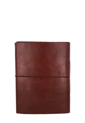 Brunt lædernotatbog med en glat overflade, rektangulær form, afrundede hjørner, sikret med et snor, og en sort rygdækning.