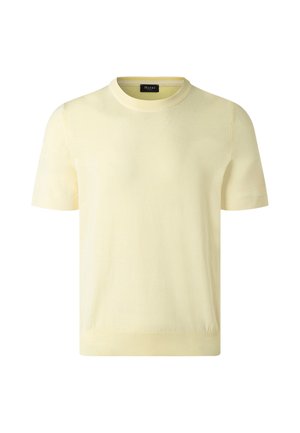 Kurzärmeliger, blassgelber Pullover mit Rundhalsausschnitt und geripptem Kragen, Bündchen und Saum, auf weißem Hintergrund dargestellt.