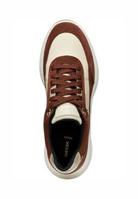 Sneaker in suede marrone e pelle beige con punta tonda, lace piatte, dettagli in metallo dorato e suola in gomma bianca texturizzata.