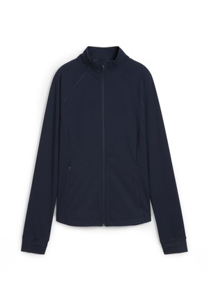 Navy sininen urheiluhoiscardi, joka on valmistettu sileästä kankaasta, jossa on raglan-hihat, sivutaskut ja pystykaulus.