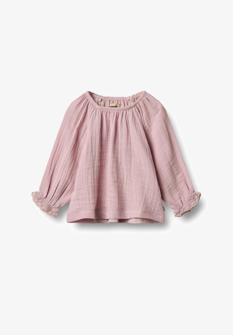 Pink, lightweight blouse with long, puffed sleeves and textured fabric. Features a gathered neck and lace trim at the sleeve cuffs.