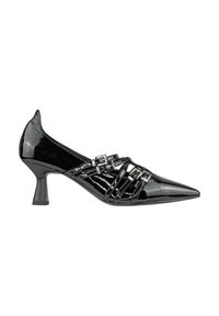 Scarpa con tacco alto in pelle sintetica nera, punta affusolata, design con cinture incrociate e finiture in metallo argentato. Tacco quadrato.