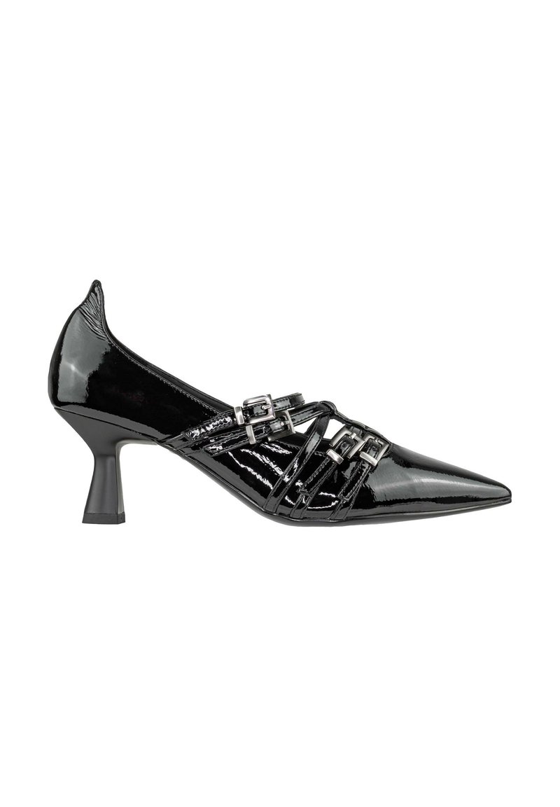 Scarpa con tacco alto in pelle sintetica nera, punta affusolata, design con cinture incrociate e finiture in metallo argentato. Tacco quadrato.