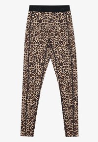 Leggings s uzorkom leoparda s prilagođenim dizajnom, s crnim pojasom i kontrastnim detaljima šava. Izrađeni od rastezljivog, mekanog materijala.