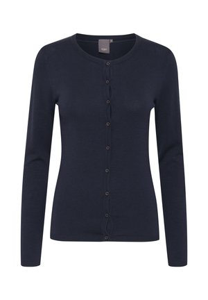 Cardigan bleu marine avec un col rond, des manches longues et une fermeture boutonnée à l'avant. Fabriqué en maille douce et texturée.