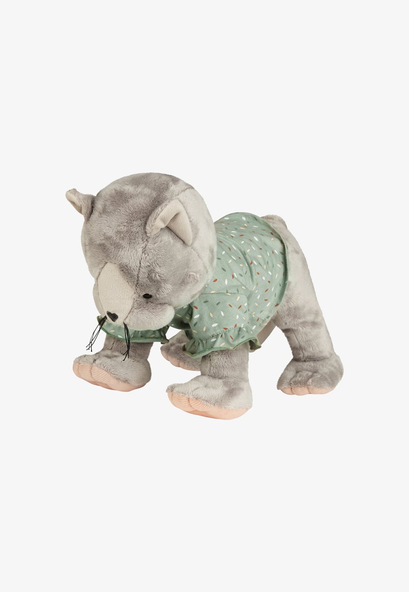 Plush gray cat in a mint green dress with a polka dot pattern. Soft fur texture, pink paw pads, and whiskers detailed on the face.