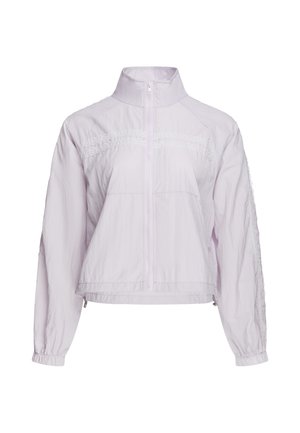 Veste légère violette claire zippée avec col haut, poignets élastiques et bandes décoratives en dentelle sur la poitrine et les manches.
