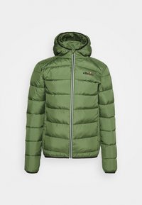 Zelená vyp padded bunda s kapucí, s horizontálním prošíváním, předním zipem a černými akcenty kolem kapuce a zipu. Logo na hrudi.