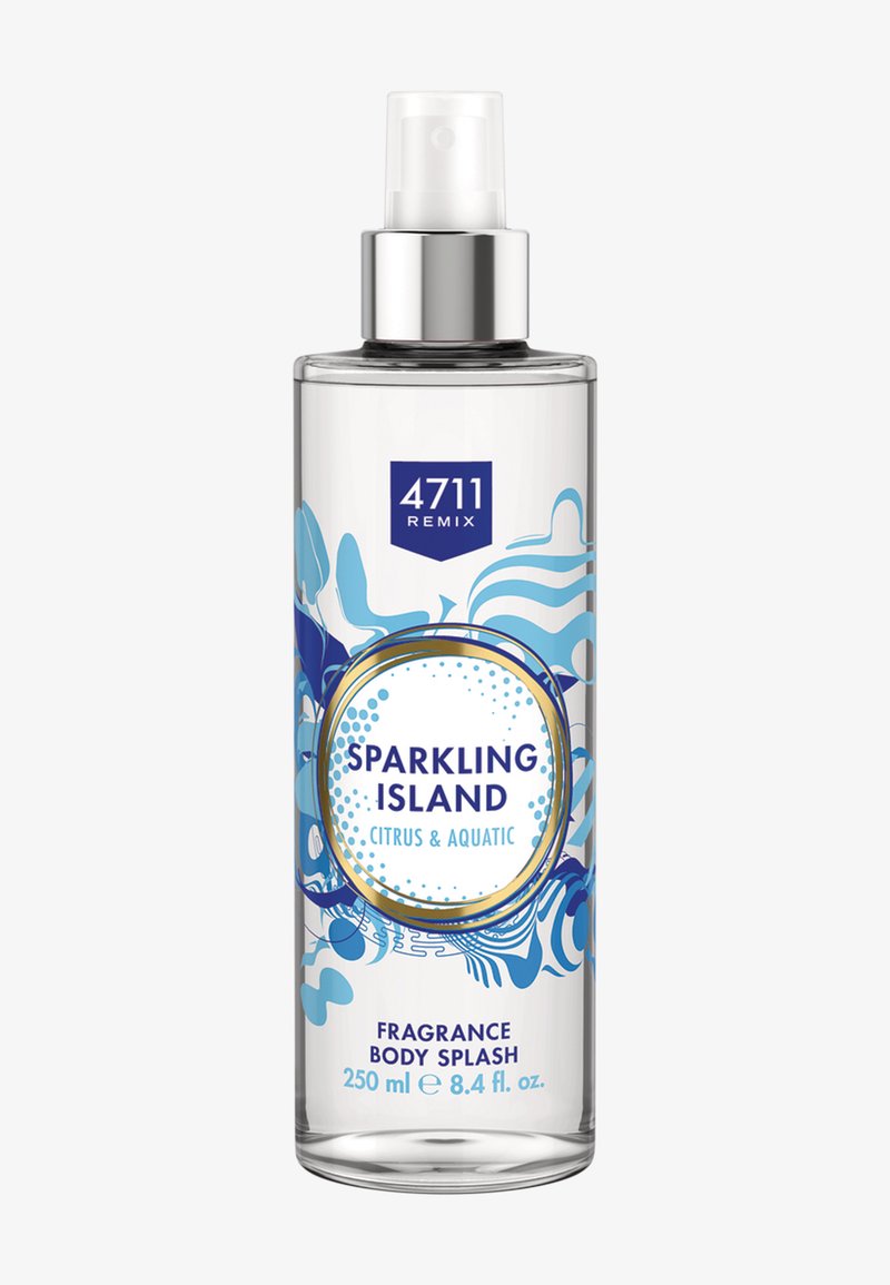Flacon pulvérisateur transparent étiqueté « 4711 Remix Sparkling Island Citrus & Aquatic », vaporisateur corporel parfumé, 250 ml (8,4 fl. oz.), avec un motif abstrait bleu.