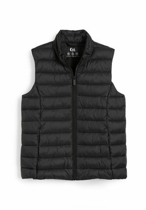 Veste noire matelassée sans manches avec fermeture éclair frontale et col montant, conçue pour la chaleur et une utilisation décontractée.