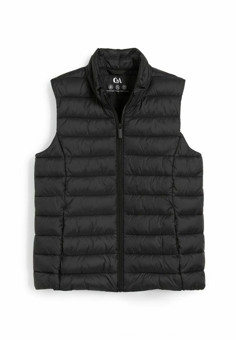 Veste noire matelassée sans manches avec fermeture éclair frontale et col montant, conçue pour la chaleur et une utilisation décontractée.