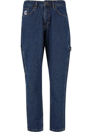 Denim pants in dark blue with a straight cut. Features five pockets, a button closure, and reinforced stitching on the seams.