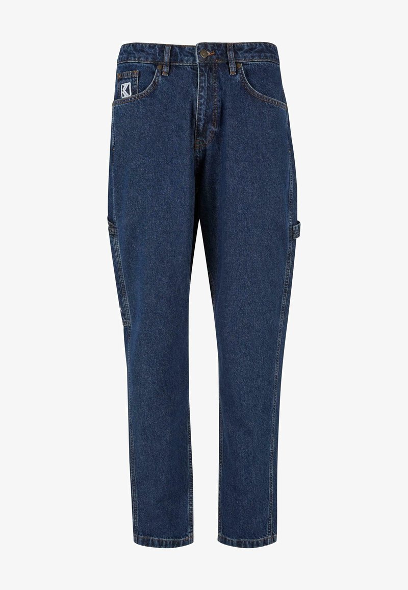 Jeans v temno modri barvi s ravnim krojem. Imajo pet žepov, gumbasto zapiranje in ojačane šive.